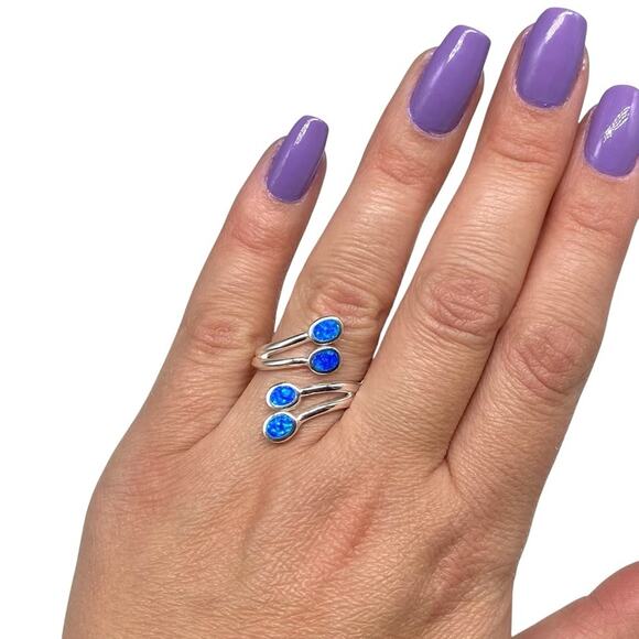 Blue Fire Opal Ring Solid 925 Sterling Silver Adjustable Size 5 6 7 8 8.5 - Picture 3 of 9